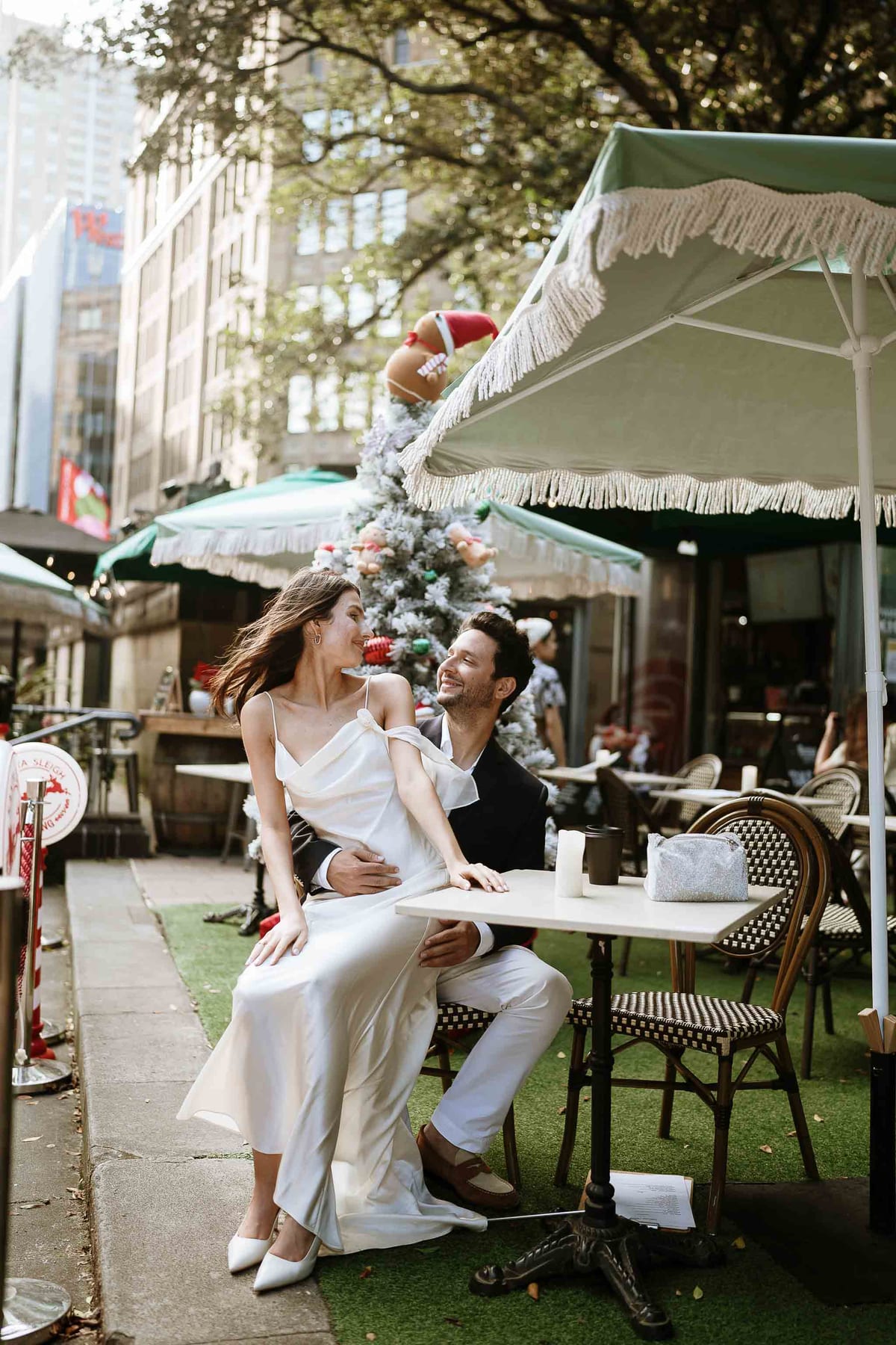 Christmas Date night couple photoshoot at St Marys cathedral, Morena bar and Martin place