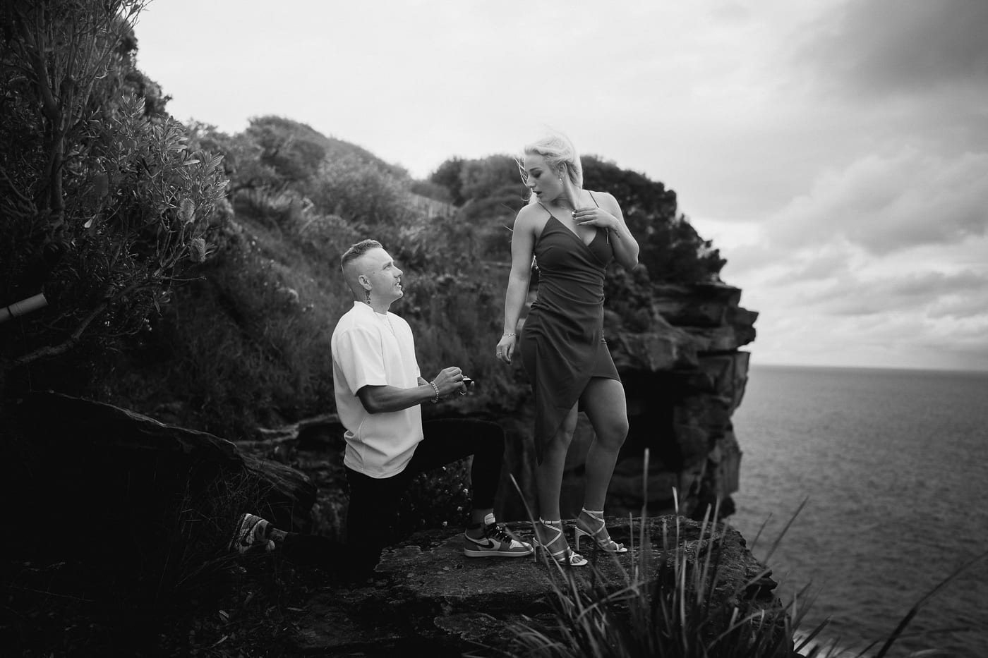 Lachlan and Kirra’s Surprise Proposal at Diamond Bay Cliffs | Sydney Coastal Engagement Photography