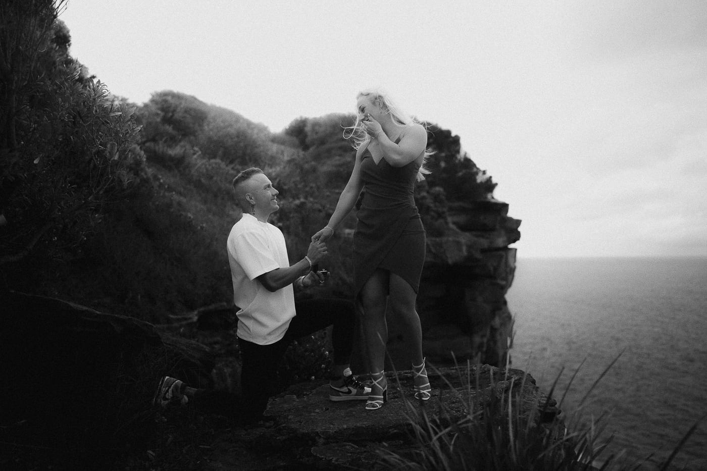 Lachlan and Kirra’s Surprise Proposal at Diamond Bay Cliffs | Sydney Coastal Engagement Photography